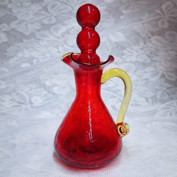 Vintage Blenko Amberina Crackle Glass Cruet Pitcher Bubble Stopper Red To Yellow - Picture 13 of 13